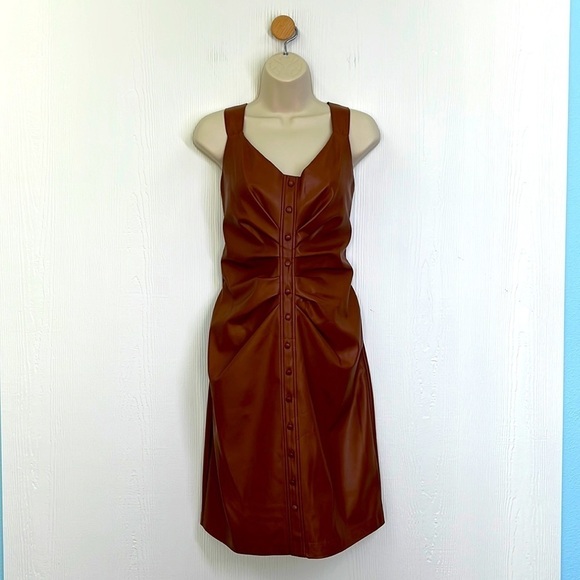 Guess - Pleather Brown Midi Button Down Strap Pocket Dress Size 4 - Picture 1 of 13